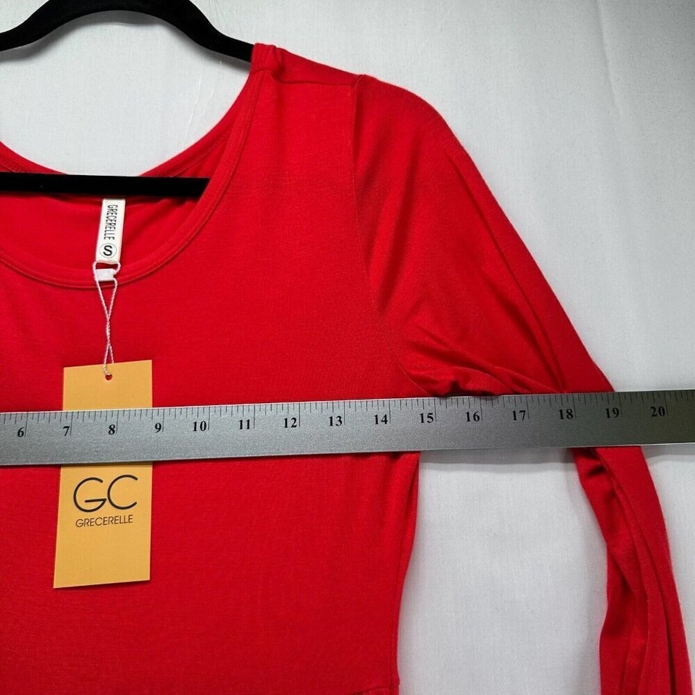 Grecerelle Dress S Shirred A-Line Maxi Scoop Neck Long Sleeve Stretch Rayon Red - Picture 9 of 12